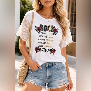 NWT Rock Graphic Tee Lace Sleeve Rose Festival Shirt Boho Edgy
